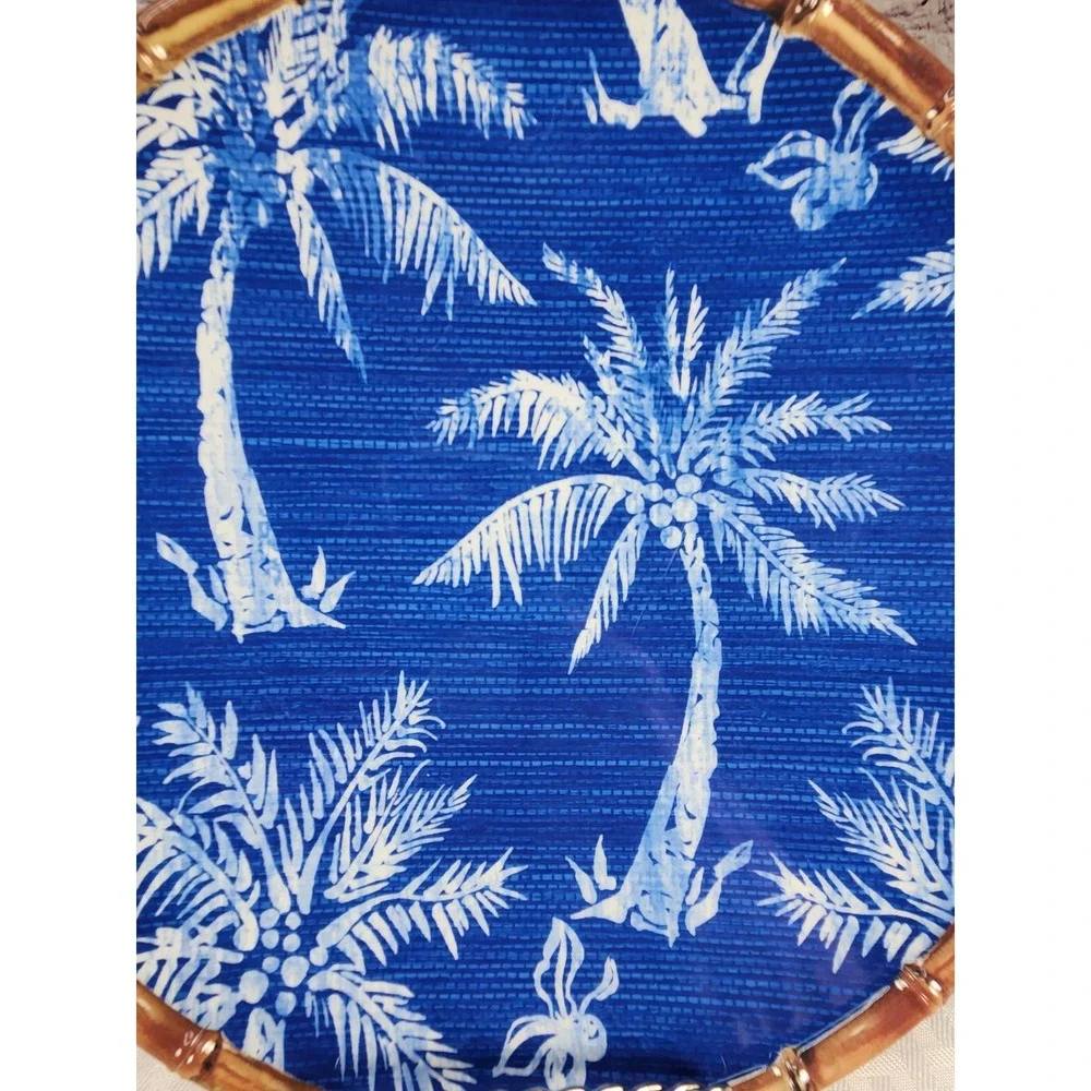 Member's Mark Cobalt Blue White Palm Trees Faux Rattan Trim 6 Melamine Plates